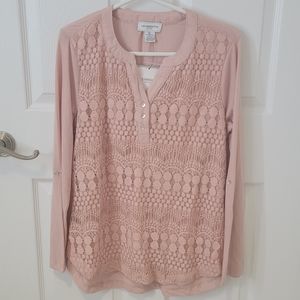 NWT Liz Claiborne Petite Large Roll Tab Long Sleeved Rose Pink Lace Casual Shirt